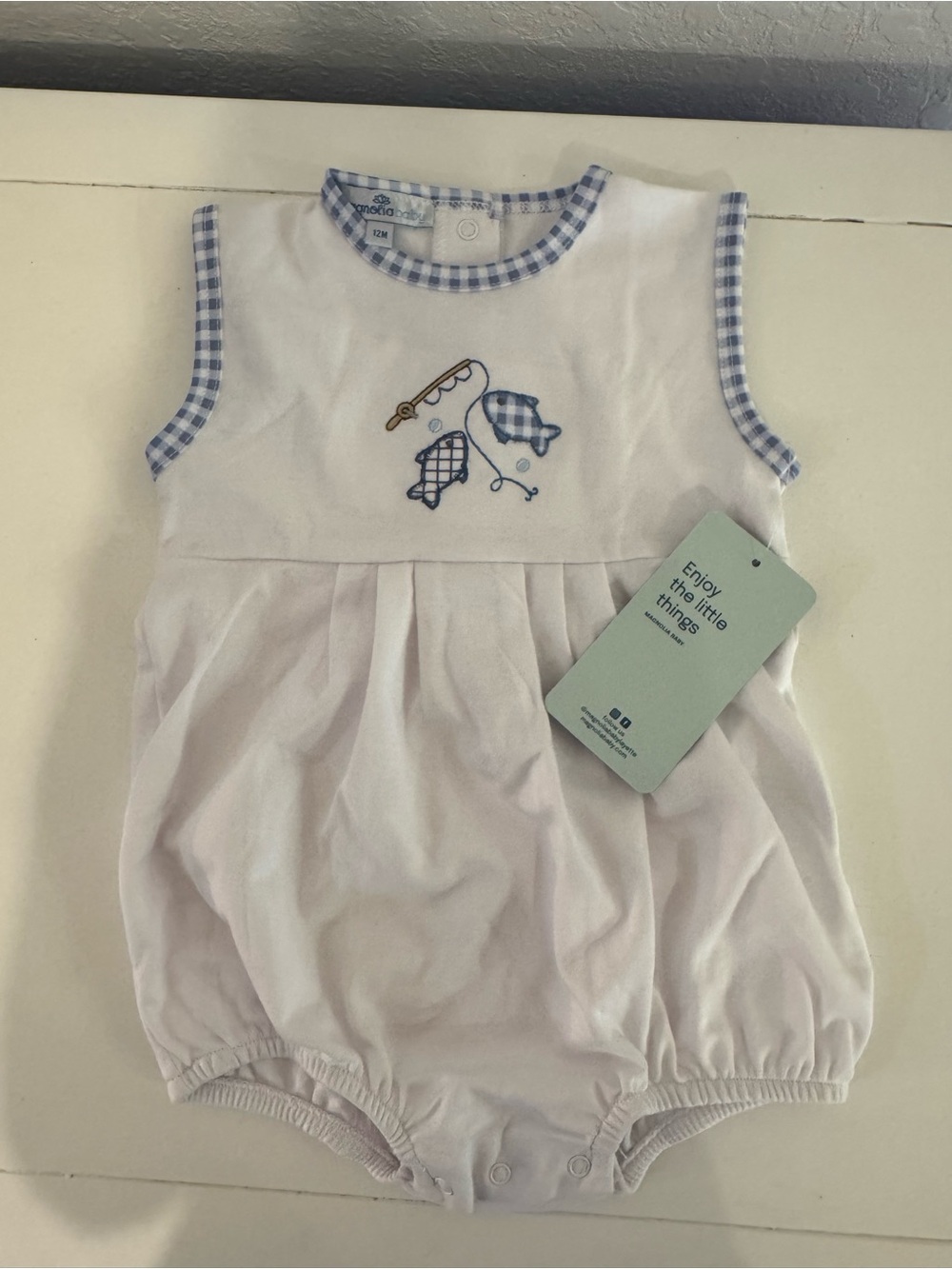 White Baby Romper with Blue Gingham Trim and Fishing Embroidery